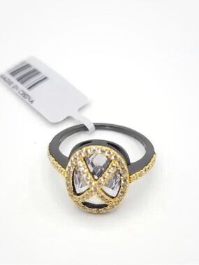 Black and Gold Crystal Circle Ring with Clear Stones